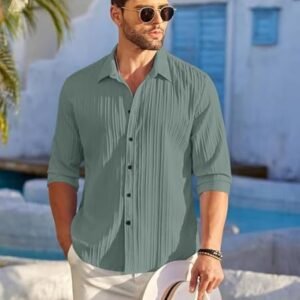 FINIVO FASHION Men's Casual Cotton Plain Button Down Shirt Long Sleeve Textured Summer Beach Shirt for Men