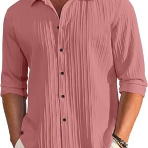 FINIVO FASHION Men's Casual Cotton Plain Button Down Shirt Long Sleeve Textured Summer Beach Shirt for Men