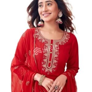 Cotton Blend Suit Set for Women | Embroidery & Foil Printed Kurta with Pant & Dupatta | Straight Kurta Set