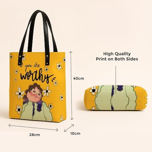 Kalankit Classic Tote Bag For Women | Canvas Printed Totes For Woman | Aesthetic Shoulder College Bag For Girls | Tote Bag with Compartments | - Image 4