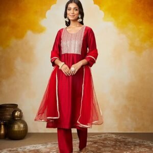 Amazon Brand - Myx Women's Embroidered Kurta Pant Set with Mesh Dupatta | Viscose,Rayon