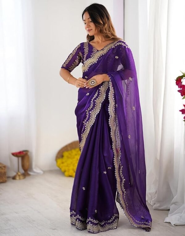 women saree Chiffon Embroidery Saree with Unstitched Blouse Piece - Image 5